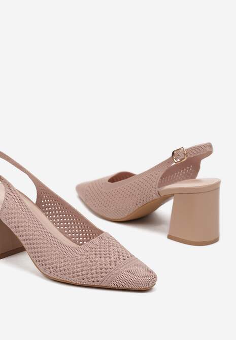 Ciemnobeżowe Sandały na Słupku Typu Slingback z Ażurową Cholewką Morivira