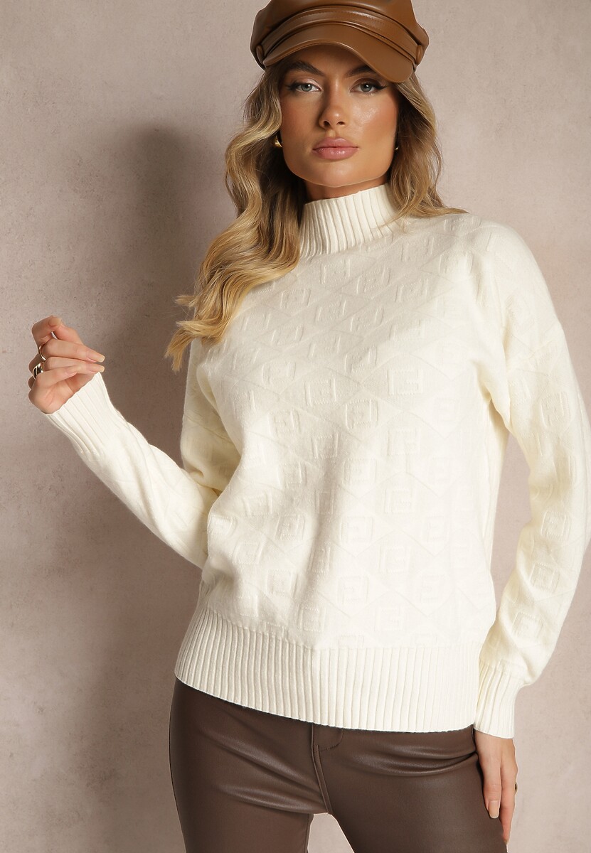 Jasnobeżowy Golf Sweter z Tłoczeniem i Ściągaczami Melovira