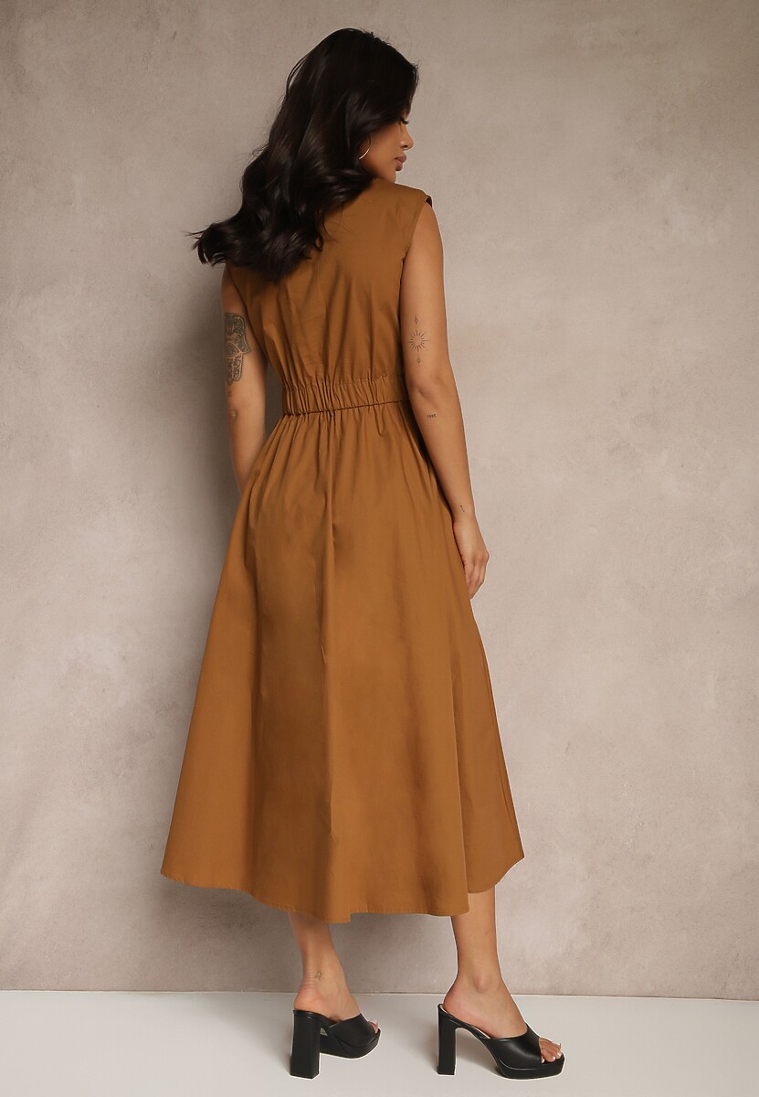 Brązowa Sukienka Koszulowa z Bawełny Ozdobiona Kieszonkami Saviette