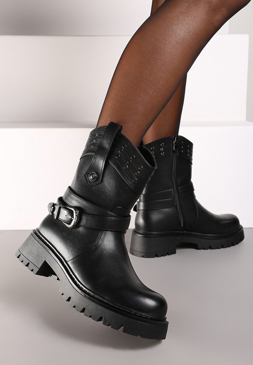 Czarne Botki w Stylu Motocyklowym z Klamrą i Nitami Erithany