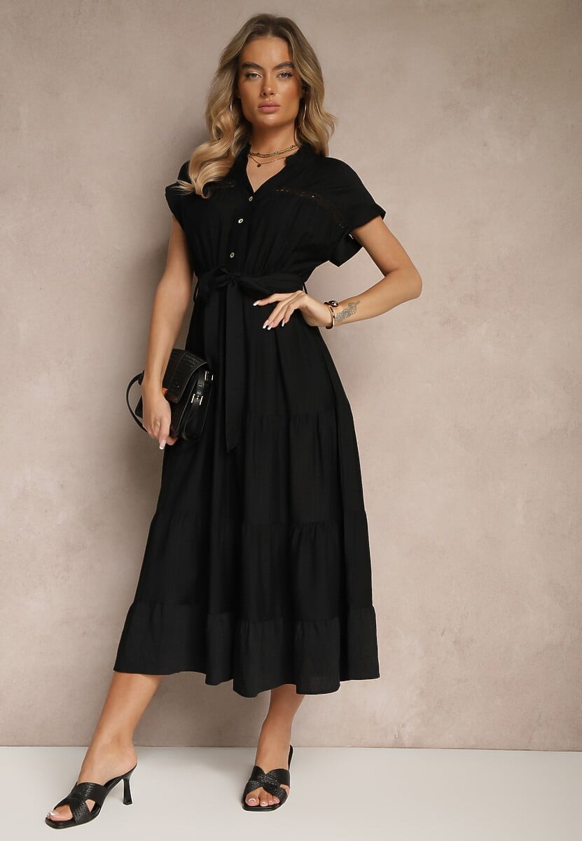 Czarna Rozkloszowana Sukienka z Wiskozy z Wiązanym Paskiem Olissare