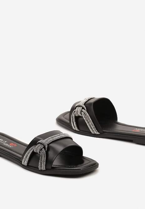 Czarne Klapki na Płaskiej Podeszwie z Imitacji Skóry z Ozdobnymi Cyrkoniami Hanita