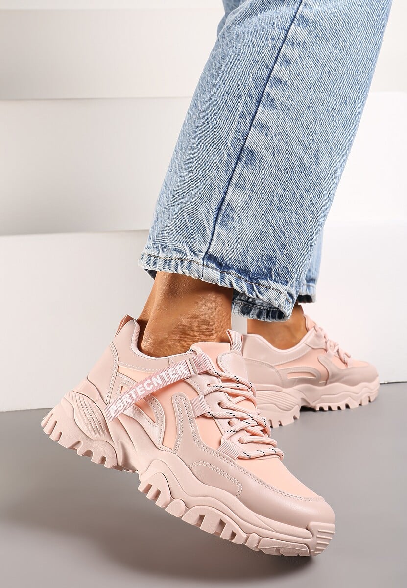 Różowe Sneakersy na Grubej Podeszwie z Taśmą przy Sznurowadłach Irisas