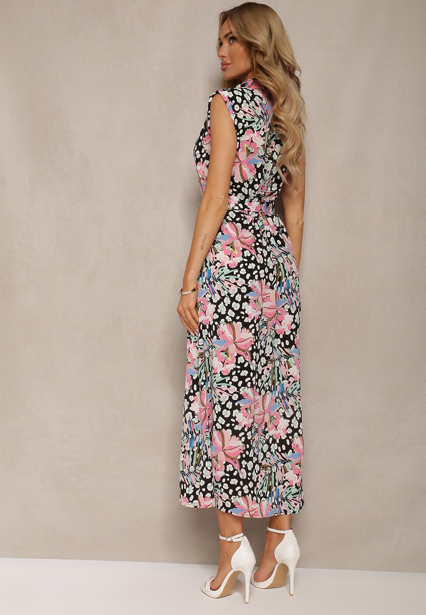 Czarno-Różowa Koszulowa Sukienka Zapinana na Guziki z Materiałowym Paskiem w Kwiaty Leapia