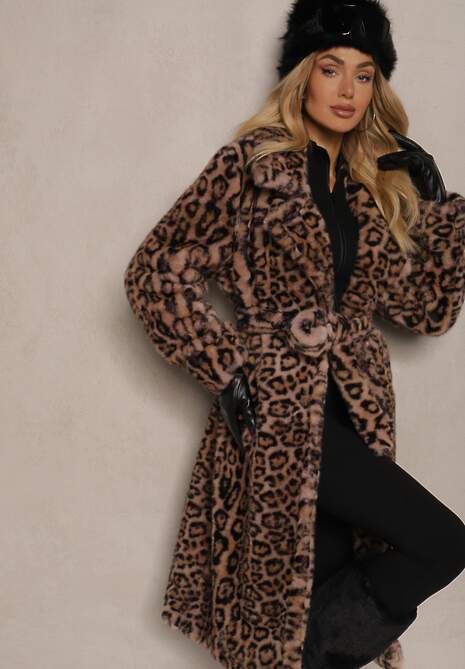 Brązowy Futrzany Płaszcz w Panterkę Wiązany w Talii Paskiem Adelora