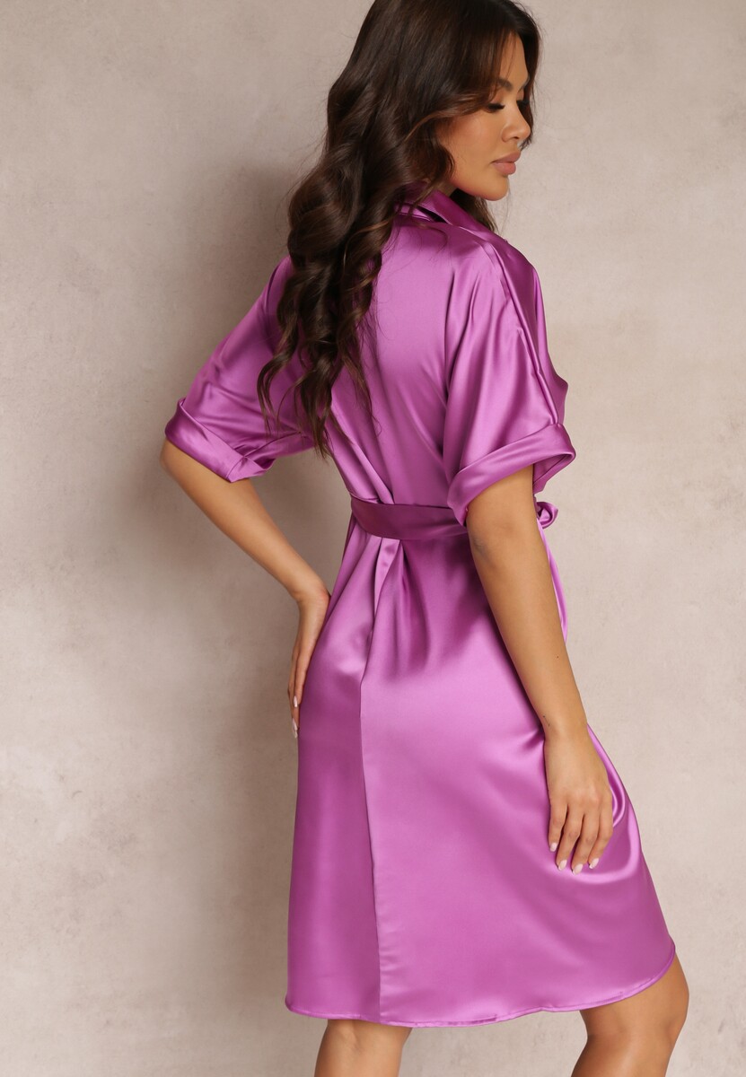 Ciemnofioletowa Koszulowa Sukienka z Marszczeniem i Wiązanym Paskiem Batha