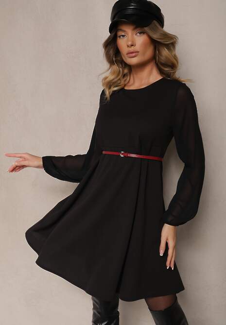 Czarna Rozkloszowana Sukienka z Bufiastymi Rękawami z Siateczki Edanithe