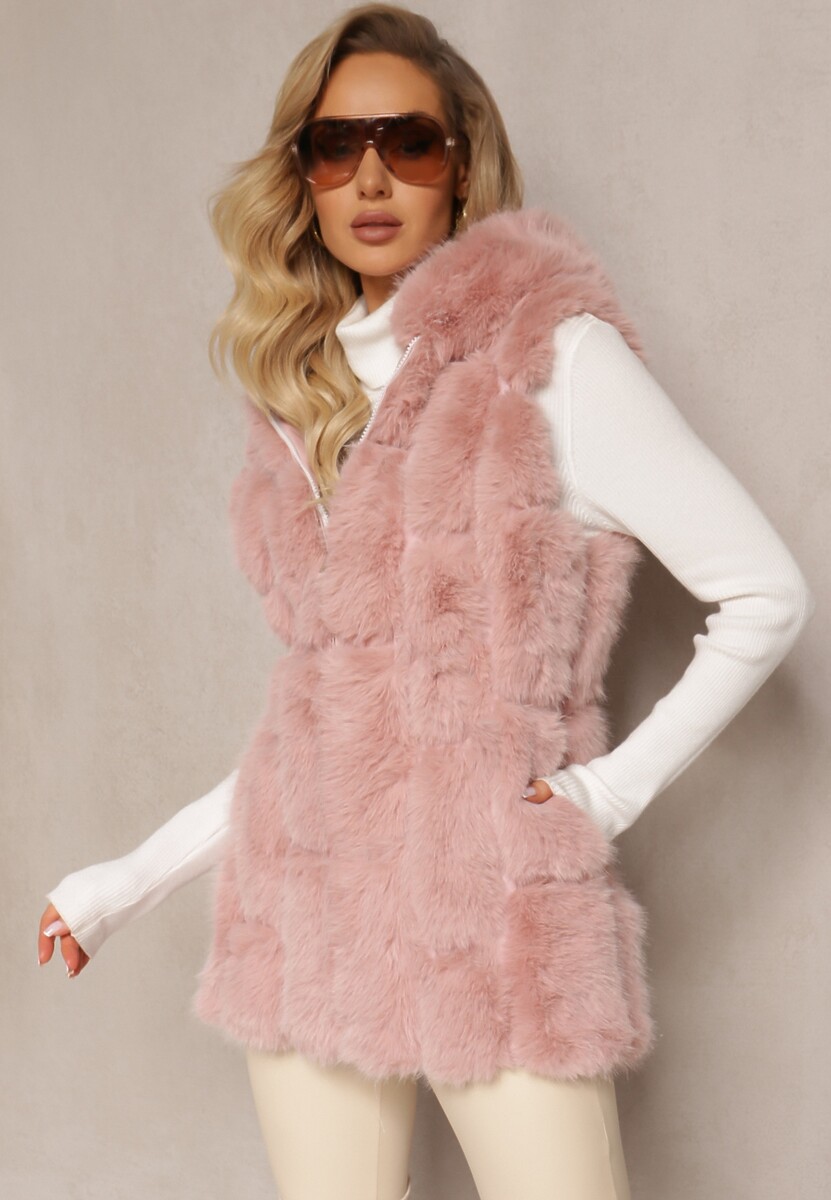 Różowa Futrzana Kamizelka z Kapturem Konessa