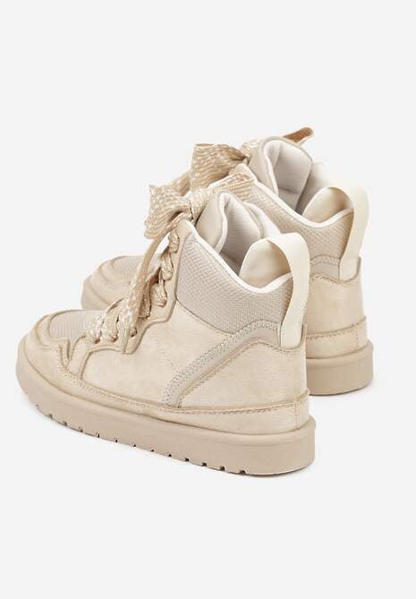 Beżowe Sneakersy Ozdobione Sznurówkami w Geometryczny Wzór Avoslia