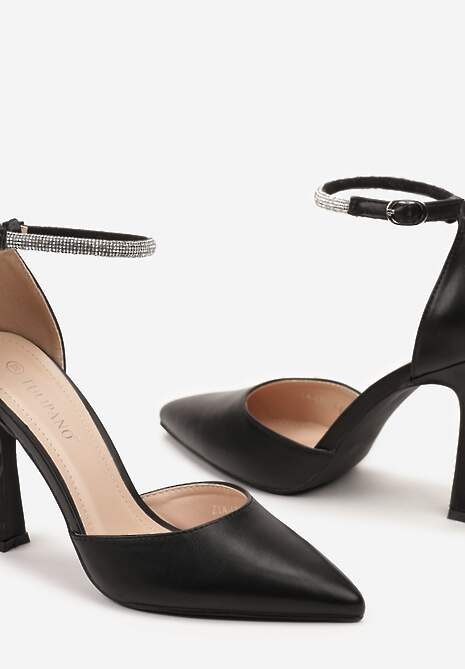 Czarne Szpilki Klepsydrowe z Paskiem Ozdobionym Cyrkoniami Keramla