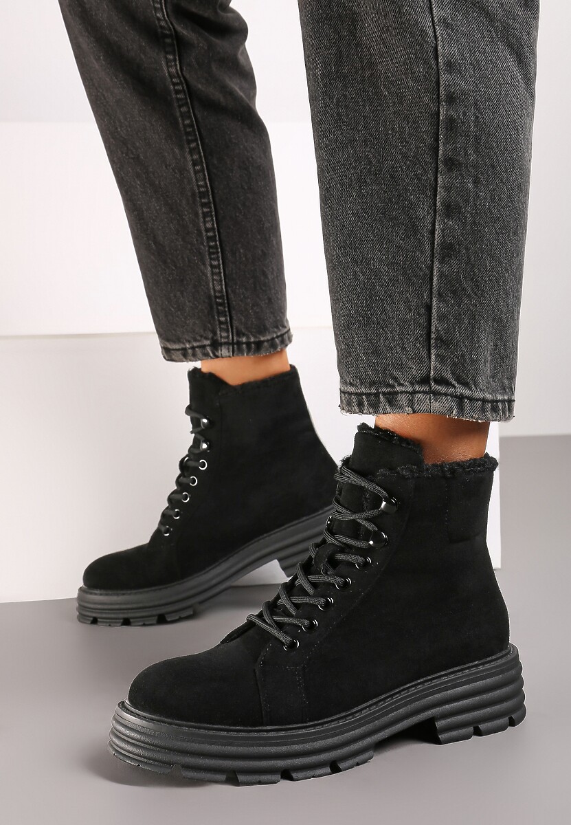 Czarne Traperki na Grubej Podeszwie z Futerkowym Zdobieniem Narinora