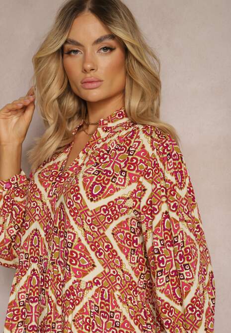 Bordowa Wiskozowa Sukienka o Rozkloszowanym Kroju z Falbanką i Guzikami Orines