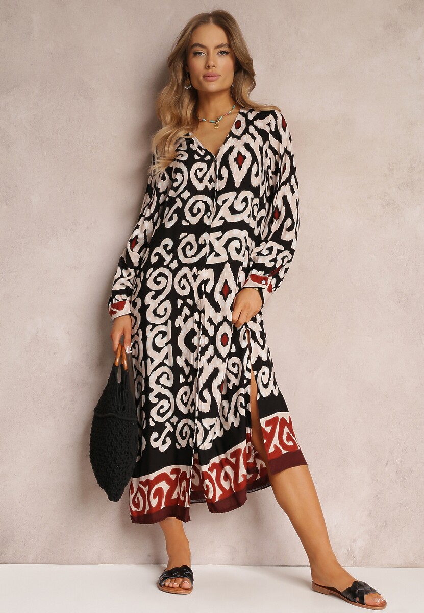 Czarna Sukienka Maxi z Rozporkami i Wsuwanymi Kieszeniami Ranno