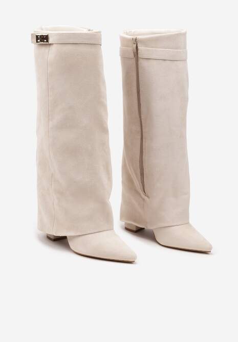 Beżowe Kozaki na Słupku z Wywiniętą Cholewką i Klamerką Upaxa