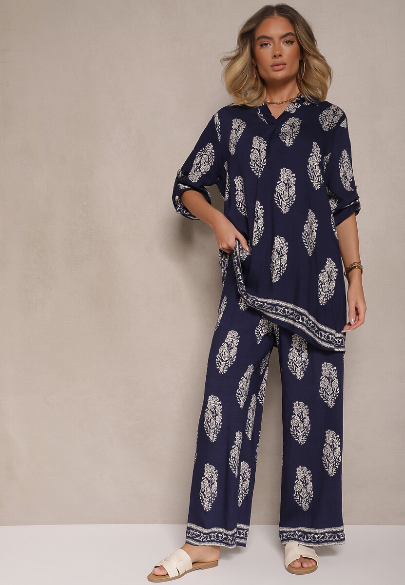 Granatowy Komplet Oversize w Stylu Rustykalnym Długa Koszula i Szerokie Spodnie Mepilara