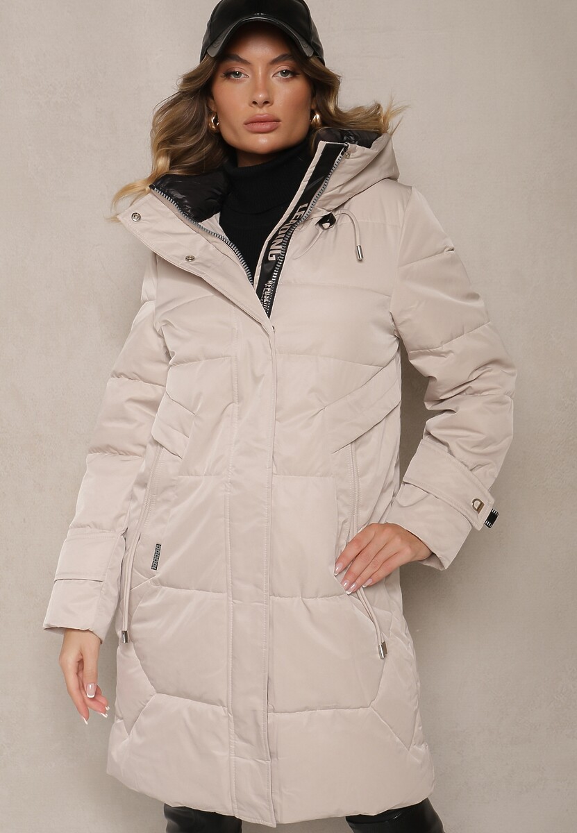 Beżowa Kurtka o Pikowanym Dłuższym Fasonie z Nieodpinanym Kapturem Luciandra