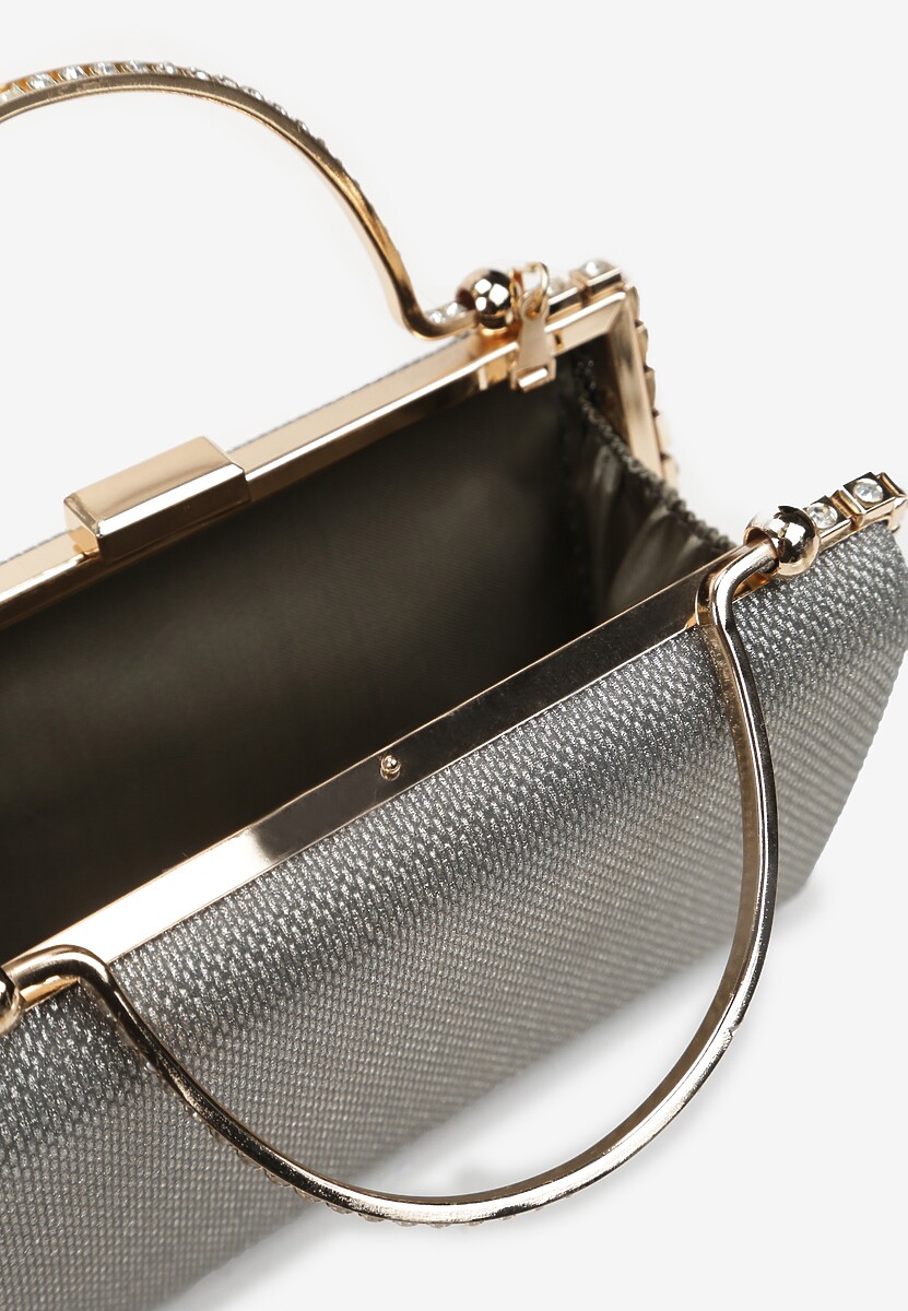 Szara Brokatowa Torebka z Metalowymi Rączkami i Dodatkowym Łańcuszkiem Edwarda