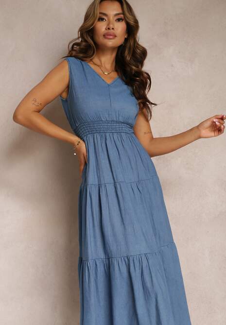 Niebieska Rozkloszowana Sukienka z Falbanką i Wiązaniem na Plecach Rawdyn