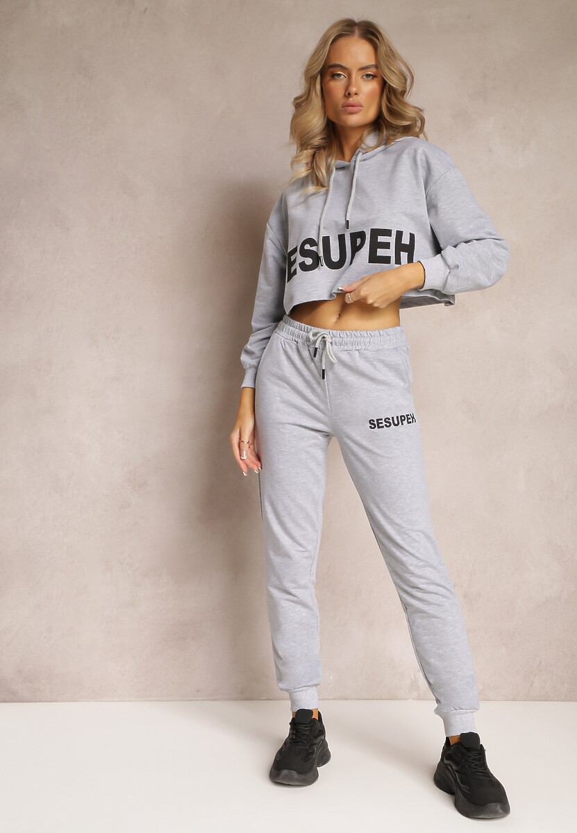 Szary 3-częściowy Komplet z Topem Bluzą i Spodniami Dresowymi Klomenna