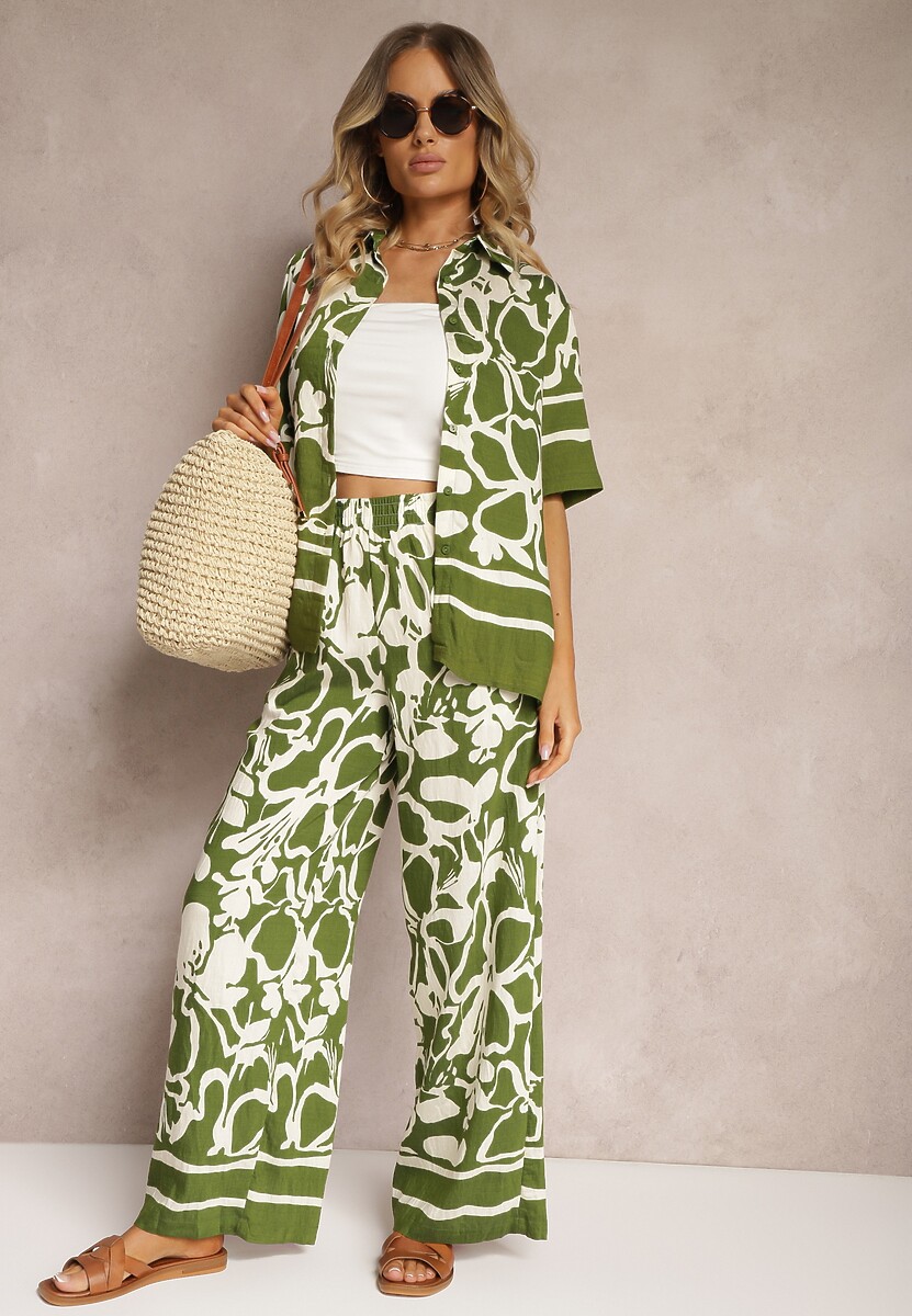 Zielono-Beżowy Letni Komplet Luźna Koszula z Krótkim Rękawem  Szerokie Spodnie z Gumką w Talii Vikiimina