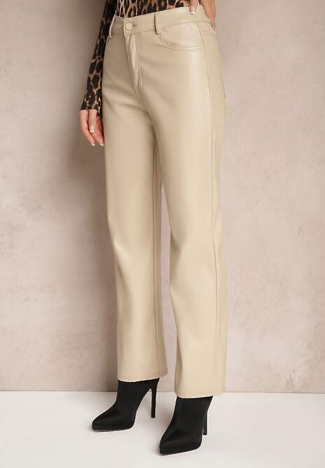 Beżowe Spodnie z Ekoskóry o Prostym Kroju High Waist Arivra