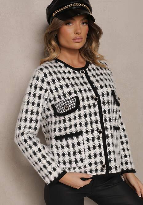 Biały Wiskozowy Kardigan Ozdobiony Wzorem w Pepitkę i Guzikami Saveri