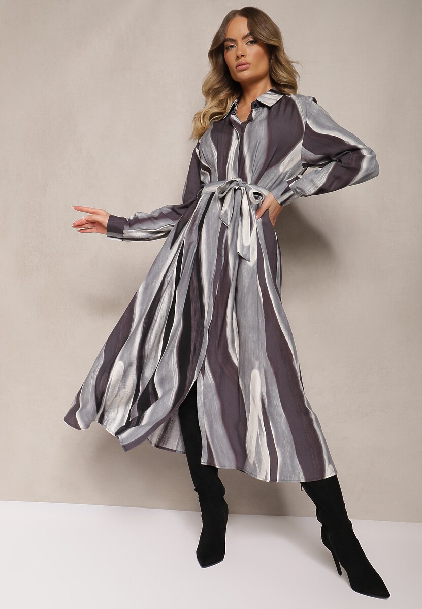 Brązowa Koszulowa Sukienka w Abstrakcyjne Paski o Długim Kroju z Gumką i Paskiem w Talii Nerithal