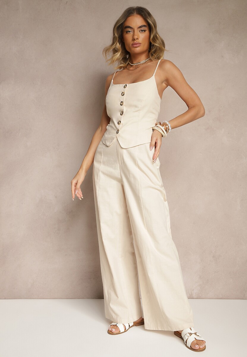 Ciemnobeżowy Top Zapinany na Guziki z Bawełną na Cienkich Ramiączkach Divilna