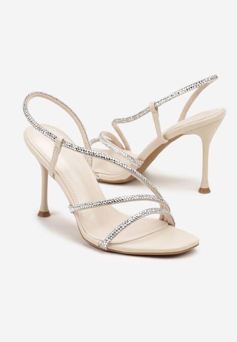 Beżowe Sandały Vices na Szpilce Ozdobione Paskami z Cyrkoniami Tilarea