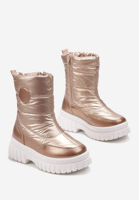 Szampańskie Pikowane Śniegowce za Kostkę z Metalicznym Połyskiem i Naszywką Kinicro