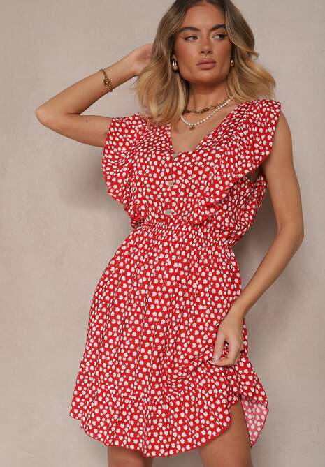 Czerwona Bawełniana Sukienka o Rozkloszowanym Kroju z Guzikami w Kwiatowy Wzór Roniva