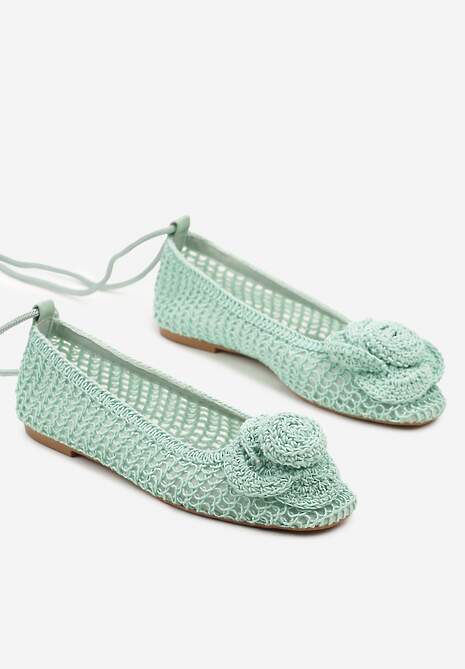 Zielone Balerinki z Ażurową Cholewką Ozdobione Kwiatem 3D Cleiria