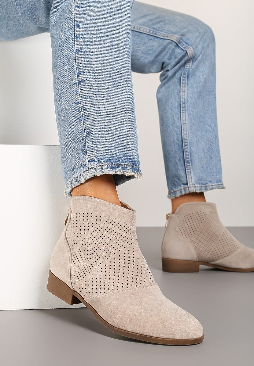 Ciemnobeżowe Botki Vices z Ekozamszu z Ażurową Cholewką Selianae