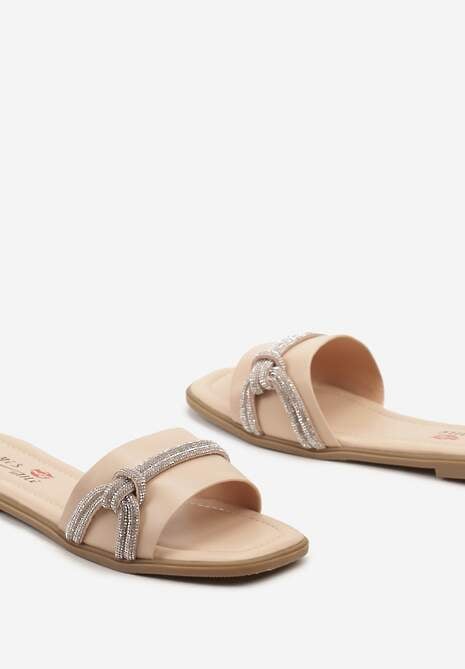 Beżowe Klapki na Płaskiej Podeszwie z Imitacji Skóry z Ozdobnymi Cyrkoniami Hanita