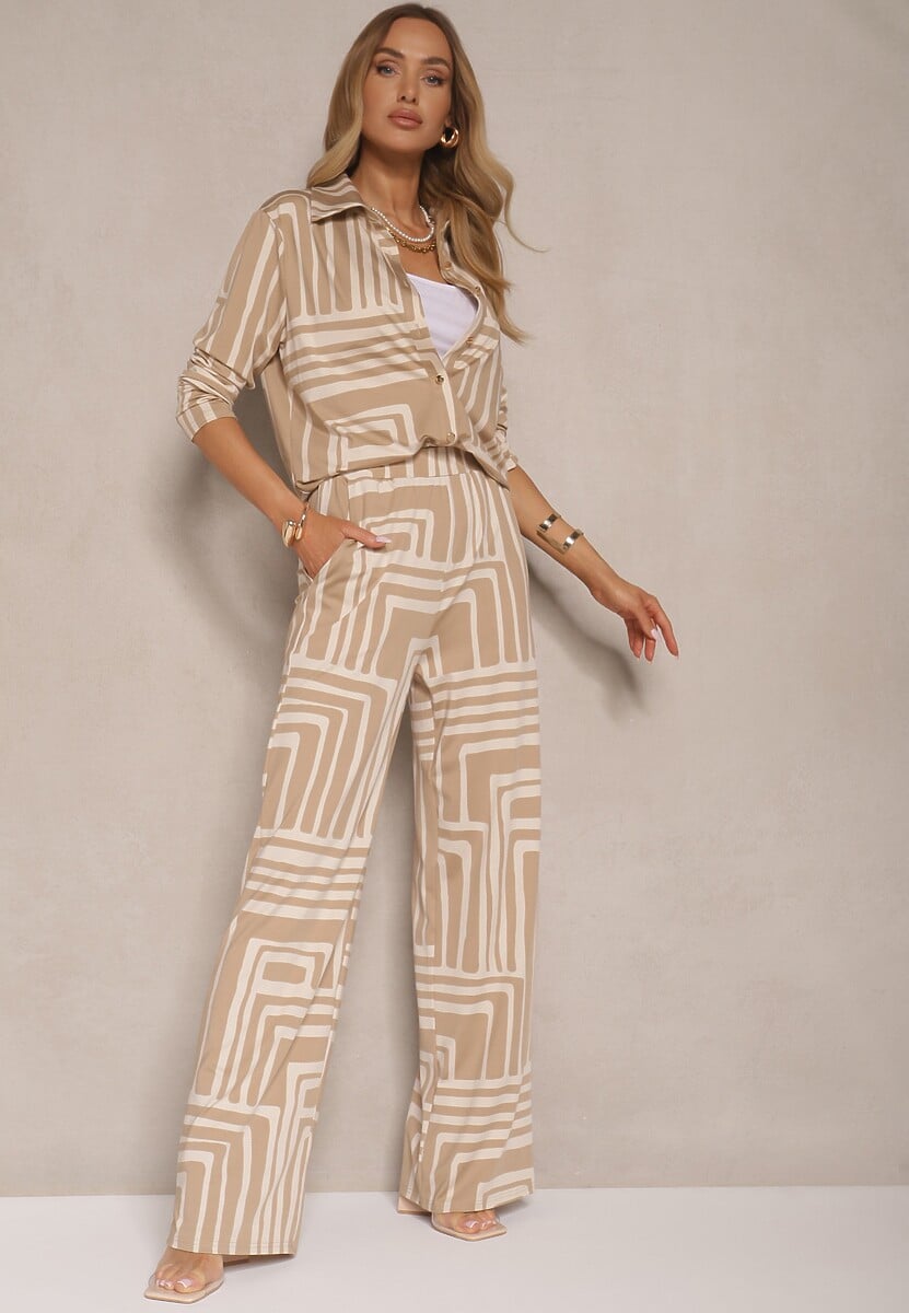 Beżowe Spodnie z Wiskozą o Szerokim Kroju Zdobione Geometrycznym Wzorem Adiriva