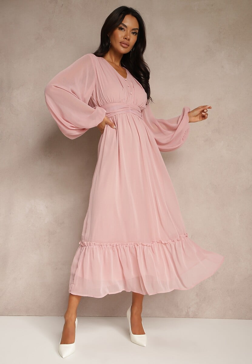 Różowa Plisowana Sukienka Koktajlowa Ozdobiona Guzikami i Falbankami Osumia