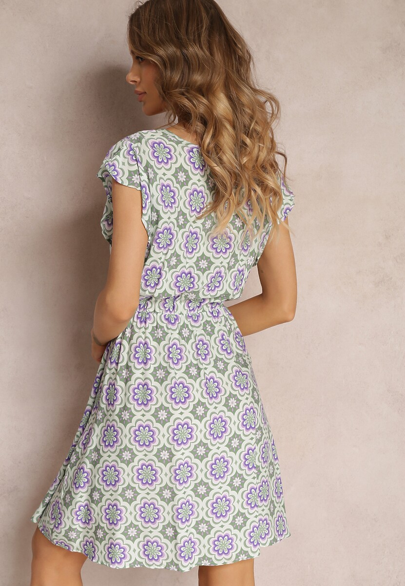 Zielono-Fioletowa Bawełniana Sukienka Mini w Mozaikowy Wzór z Gumką w Talii Fiyona