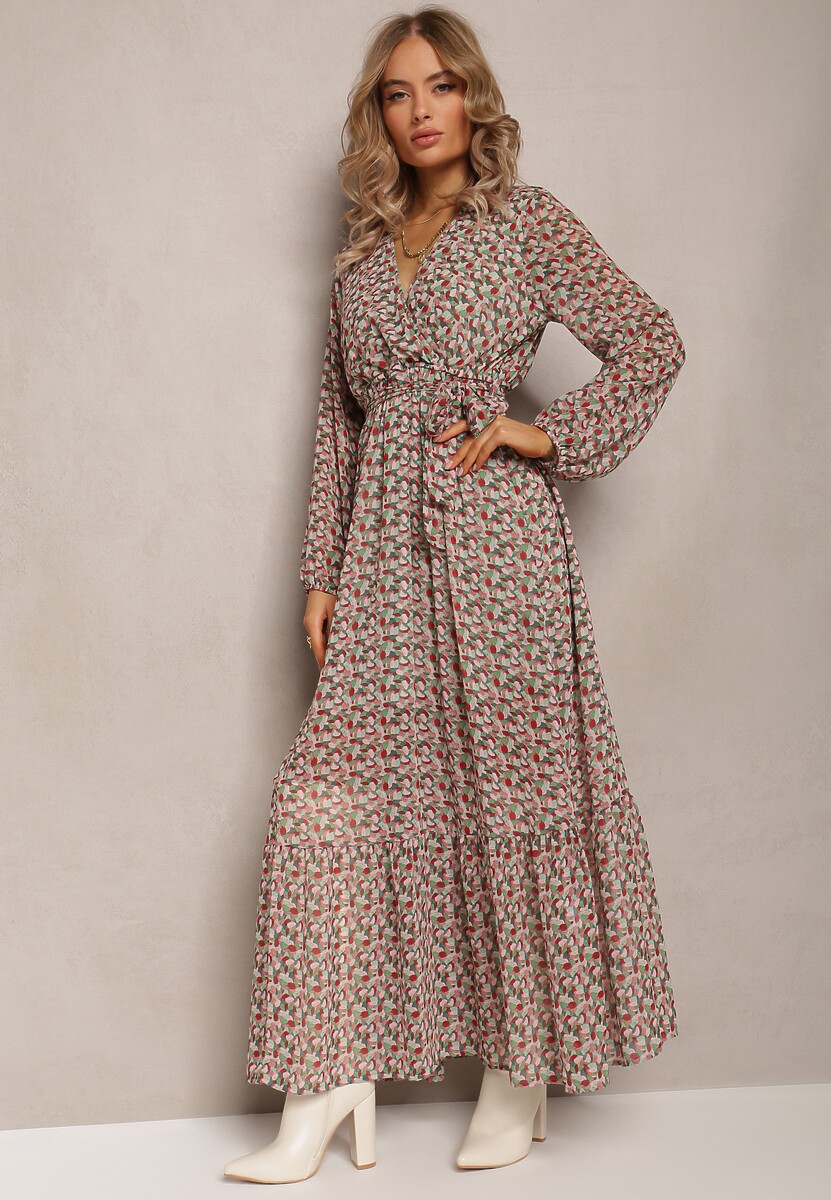 Zielono-Czerwona Sukienka Kopertowa z Falbanką i Wiązanym Paskiem Gjerana