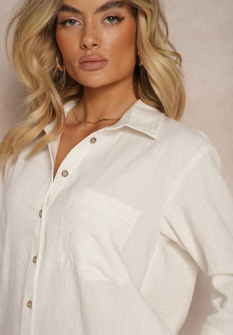 Jasnobeżowa Klasyczna Koszula Ozdobiona Kieszenią Zapinana na Guziki z Rękawem 3/4 Nestade