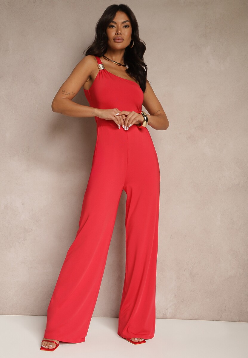 Czerwony Kombinezon Asymetryczny na Jedno Ramię z Długimi Nogawkami i Kieszeniami Efridelle