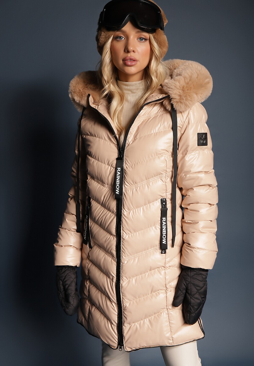 Granatowa Ocieplona Kurtka Pikowana z Kapturem i Futrzanym Kołnierzem Varella