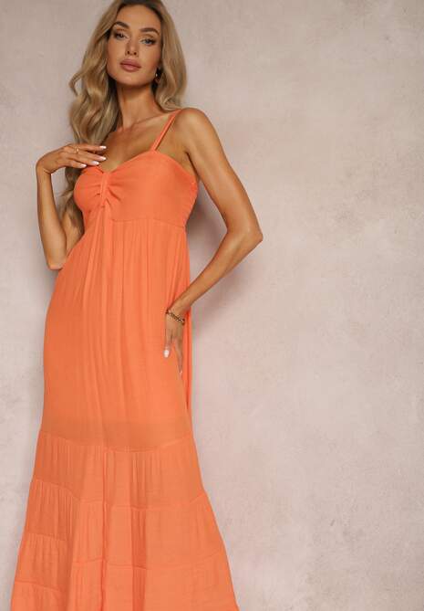 Pomarańczowa Sukienka z Dodatkiem Bawełny na Ramiączkach z Regulacją oraz Gumką z Tyłu Tinanoras