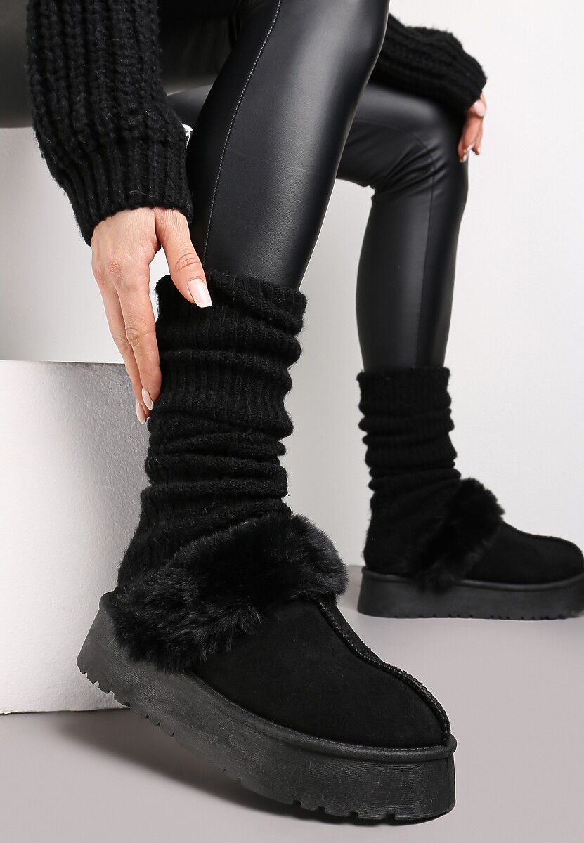 Czarne Kapcie na Platformie z Ekozamszu z Futerkiem Livorn