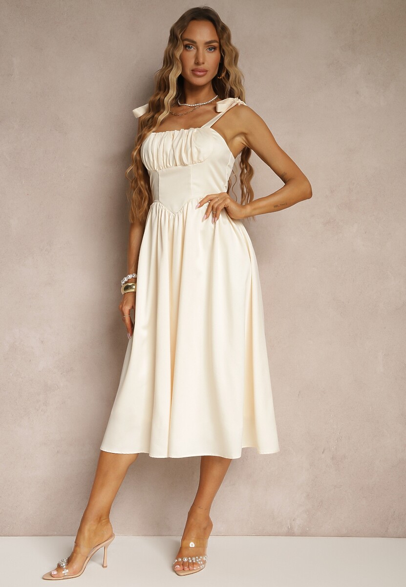 Jasnobeżowa Sukienka Vices o Rozkloszowanym Kroju z Wiązanymi Ramiączkami Natirise