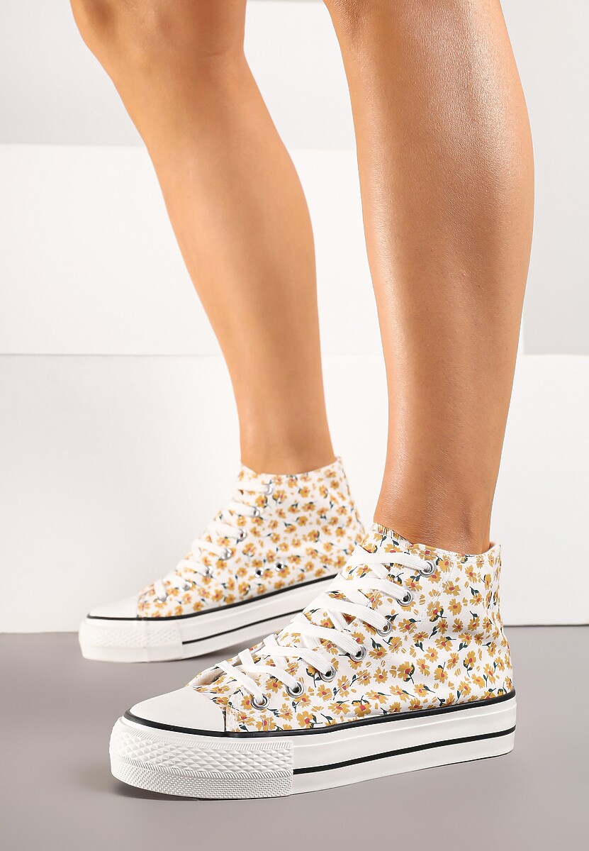 Żółte Trampki z Wysoką Cholewką Zdobione Kwiatowym Printem Folellia