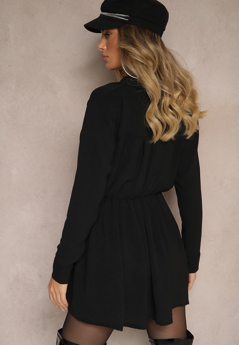 Czarna Koszulowa Sukienka o Asymetrycznym Rozkloszowanym Kroju z Gumką w Talii Eloriana