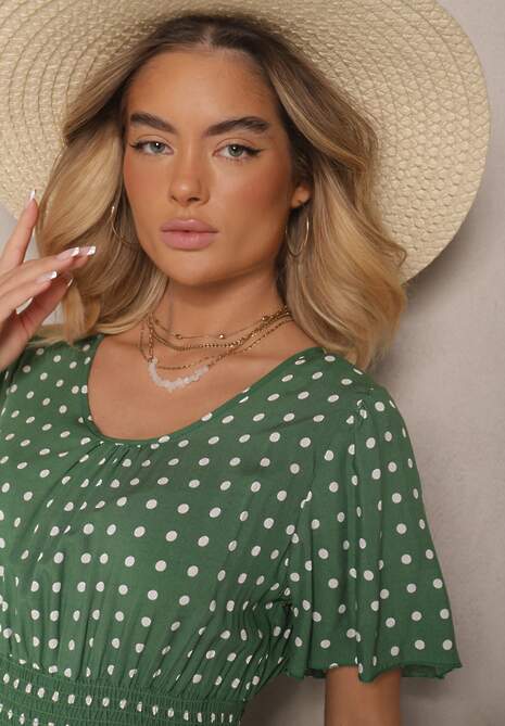Zielona Bawełniana Sukienka o Rozkloszowanym Fasonie w Kropki Tolimirae