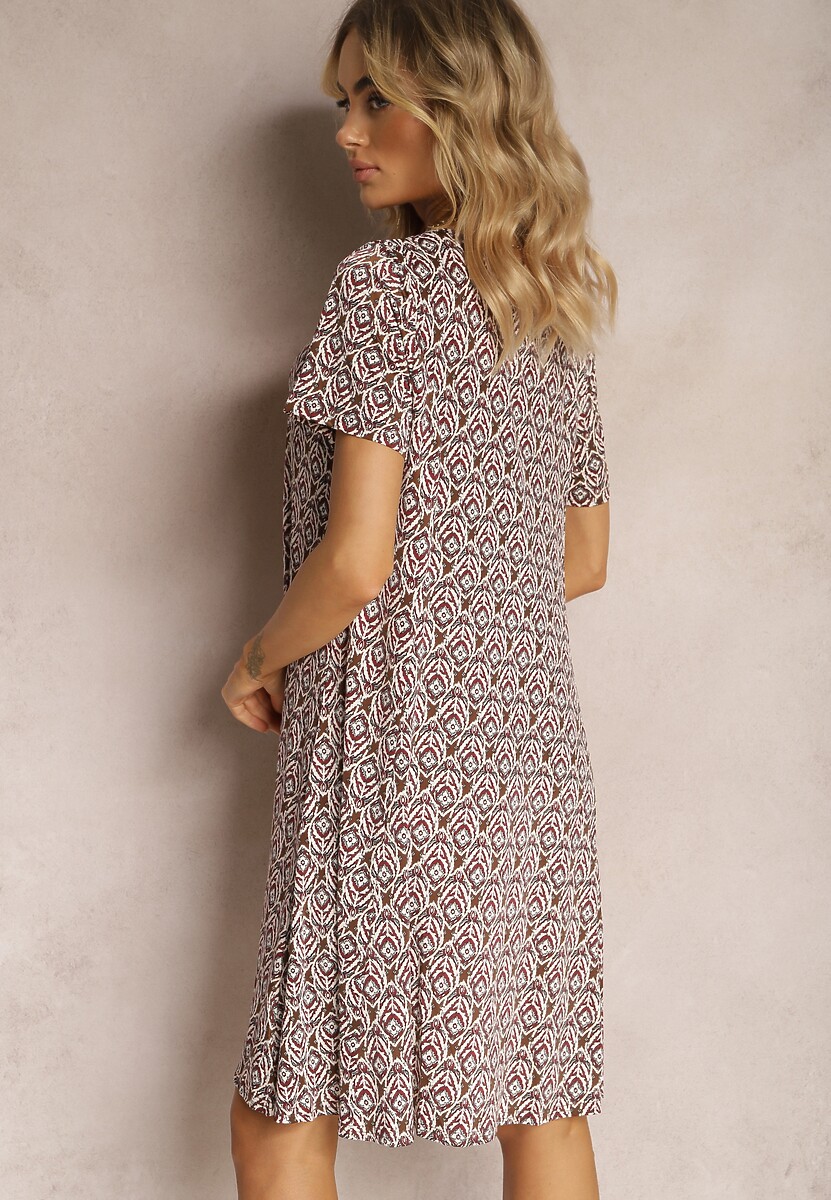 Brązowa Wiskozowa Sukienka o Rozkloszowanym Fasonie z Ornamentalnym Wzorem Jasminas