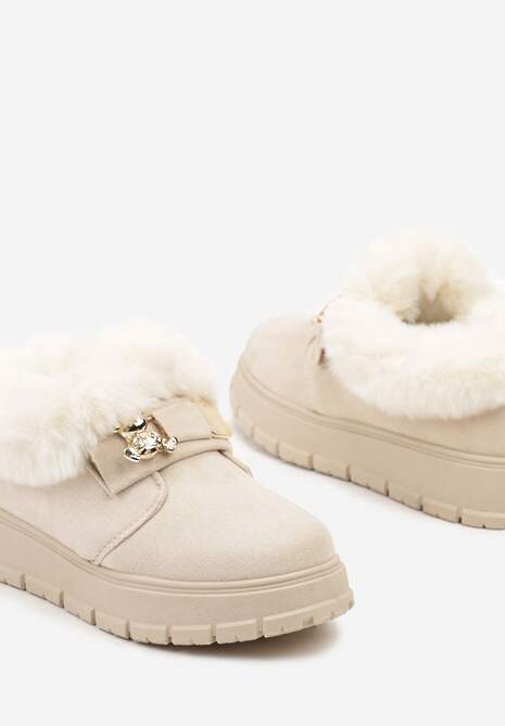 Beżowe Śniegowce na Platformie Ozdobione Aplikacją 3D i Futrem Cediona