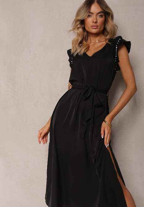 Czarna Sukienka z Materiałowym Paskiem Ozdobiona Rozcięciami i Cyrkoniami z Falbanką Holline